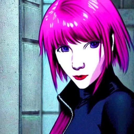 Image similar to « highly detailed, scarlet johnson, ghost in the shell, pink hair, pretty, blue eyes »