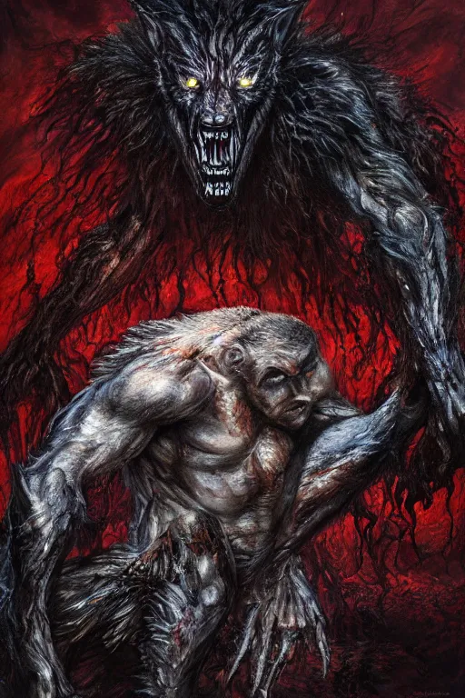 Image similar to wet werewolf oil painting, horror, castlevania, lovecraftian horror, bloody, pools of blood, reflecting, set in the bloodborne videogame