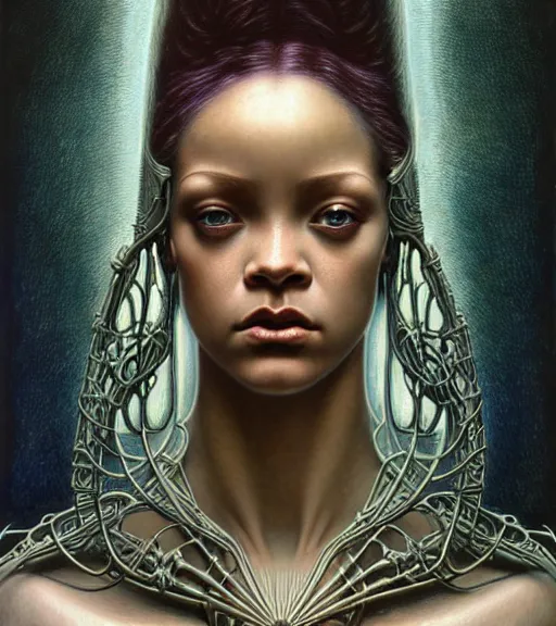 Prompt: detailed realistic beautiful young medieval alien robot rihanna face portrait by jean delville, gustave dore and marco mazzoni, art nouveau, symbolist, visionary, gothic, pre - raphaelite. horizontal symmetry by zdzisław beksinski, iris van herpen, raymond swanland and alphonse mucha. highly detailed, hyper - real, cyberpunk, fractal baroque