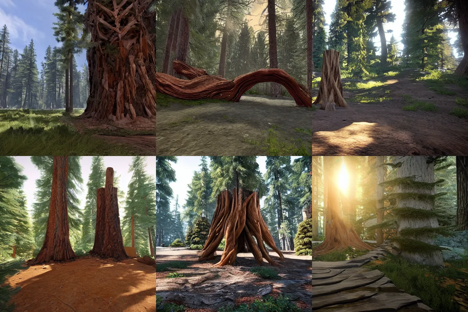 Prompt: A teleporting portal made of twisted wood in the middle of a pine forest, leading to an entirely different kind of place. Unreal engine, photorealistic.