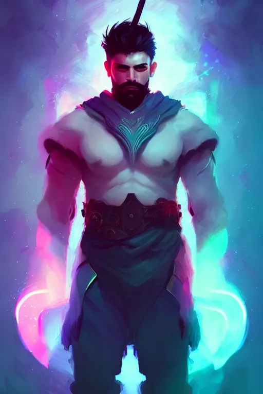 Prompt: a handsome warrior look back after shooting, blurred environment background, colorful magic effects, white skin, portrait, male, clothed, sharp focus, digital art, concept art, trending on artstation, dynamic lighting, by emylie boivin and rossdraws