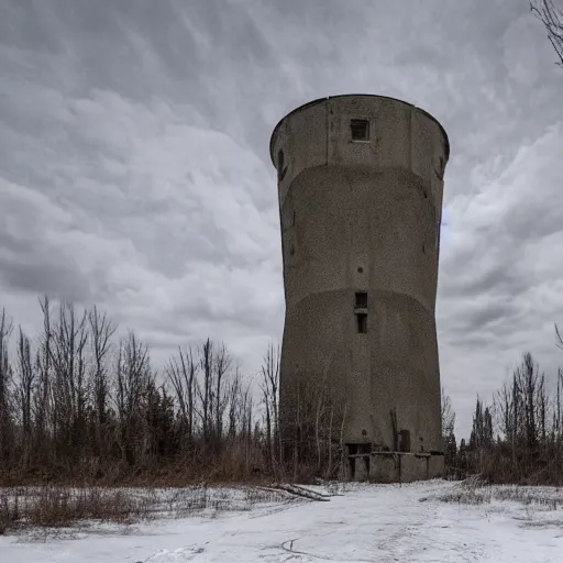 Prompt: a distorted post-apocalyptic landscape with a singular concrete military tower near the frozen lake hd 8k photo big lake high tower