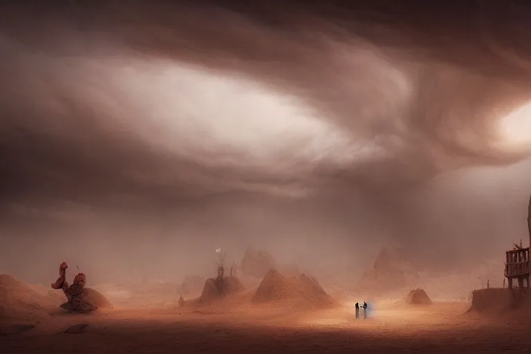 Image similar to ews shot of a beautiful sandstorm overthrowing a large municipality, shot by jimmy nelson and greg rutkowski, trending on artstation, artstation photorealism, cgsociety contest winner, photorealistic details, intricately defined, complexly detailed, reddishly dusty atmosphere, red lighting, 4 k