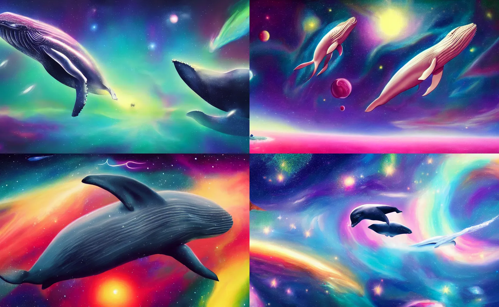 Prompt: A surreal painting of a whale flying through the milky way galaxy in space, surreal, psychedelic, artstation, 8k wallpaper, colourful