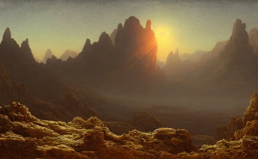 Image similar to venusian landscape, very dim, close up shot, rocky, at dusk, distant mountains, 4k, rule of thirds, extreme detail, very hazy, intricate ink illustration, surreal, surrealist, trending on artstation, cgsociety, hd, calm, complimentary colours, realistic lighting, by Albert Bierstadt, Frederic Edwin Church.