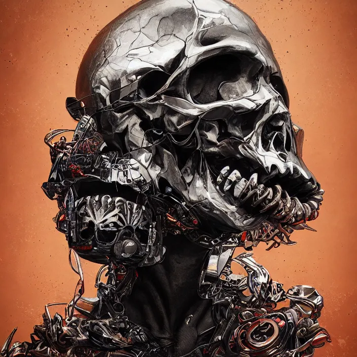 Image similar to portrait of a skull in a racing suit. intricate abstract. intricate artwork. nightmare fuel. by Tooth Wu, wlop, beeple, dan mumford. octane render, trending on artstation, greg rutkowski very coherent symmetrical artwork. cinematic, hyper realism, high detail, octane render, 8k, iridescent accents