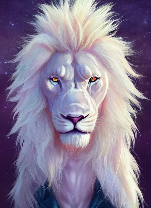 Image similar to aesthetic portrait commission of a of a male fully furry muscular anthro albino lion with a tail and a beautiful attractive hyperdetailed face, wearing stylish and creative wearing school uniform outfit in a sci-fi dystopian city at golden hour while it storms in the background. Character design by charlie bowater, ross tran, artgerm, and makoto shinkai, detailed, inked, western comic book art, 2021 award winning film poster painting