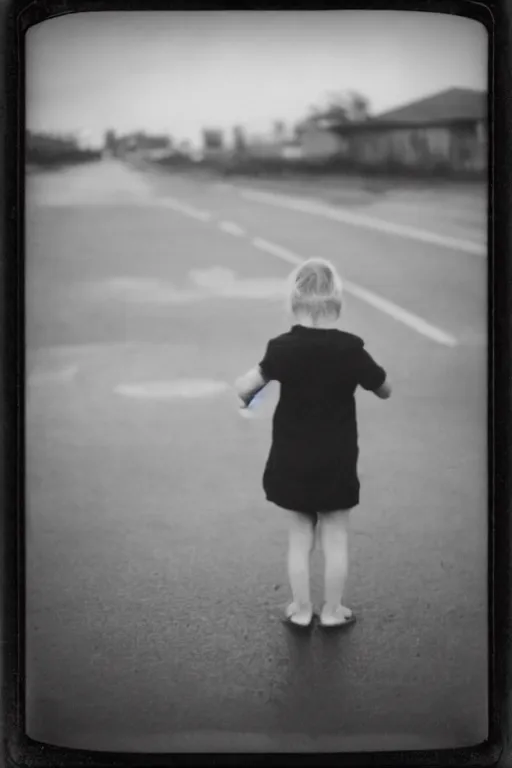 Prompt: photo polaroid of sad and lonely child in the middle of the street, looks towards the stormy sea, loneliness, war, black and white ,photorealistic, 35mm film,