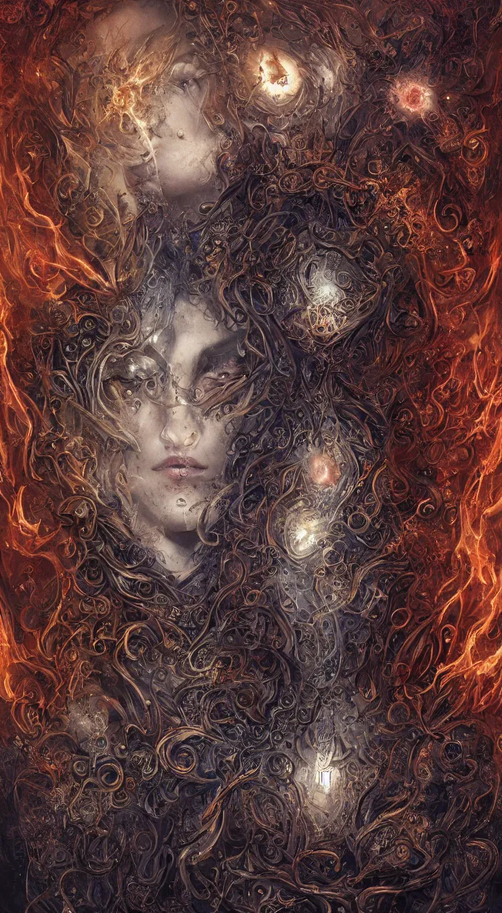 Image similar to full body concept art of human made with fire sparks by Marc Simonetti + beautiful eyes, beautiful face + symmetry face, symmetry body + border and embellishments inspiried by occult insignia, fractals in the background, galaxy + baroque, gothic, surreal + highly detailed, intricate complexity, epic composition, magical atmosphere + masterpiece, award winning + trending on artstation