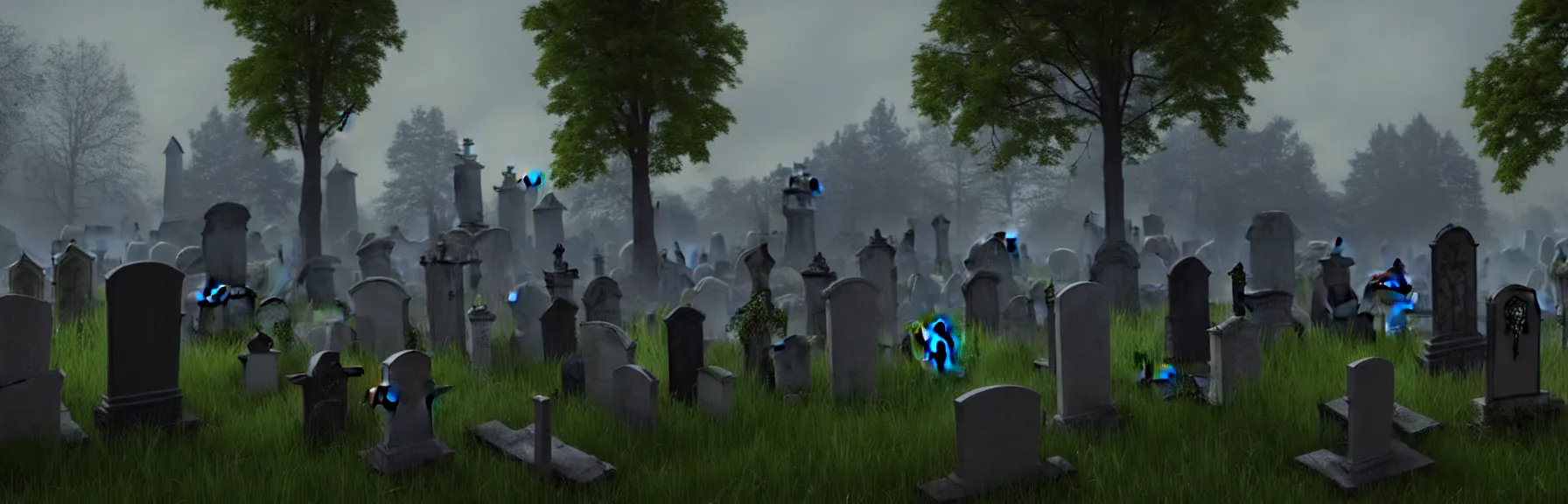 Image similar to a graveyard in front of a strange abandoned dilapidated building, multiple tombstones, cemetery of possessed spirits; very detailed, by Adolf Hitler, Thomas Gainsborough; artstation, unreal engine 5