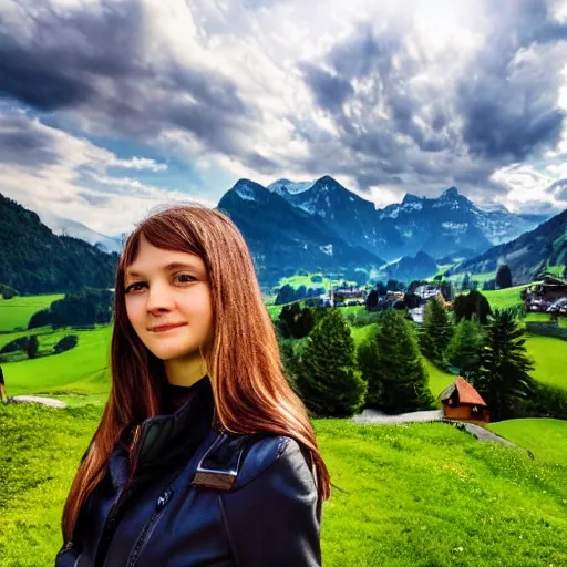 Image similar to a beautiful photograph of a girl with switzerland landscape in the background with trees, hdr, 8 k, high quality, sharp focus, artstation, highly detailed, award - winning, dramatic lighting, beautiful clouds, and nature