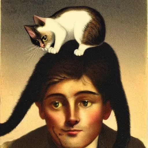 Image similar to a cat on top of a young man ’ s head