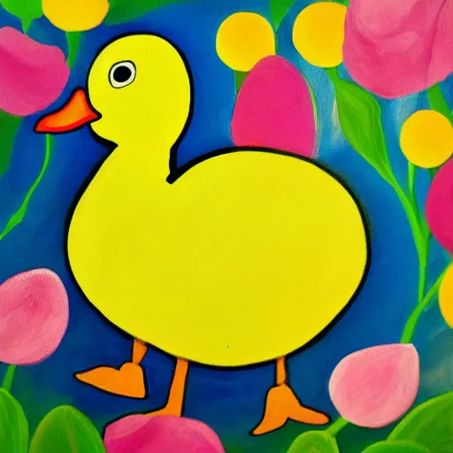 Prompt: the painting is a yellow duck with a pink beak and a blue head.