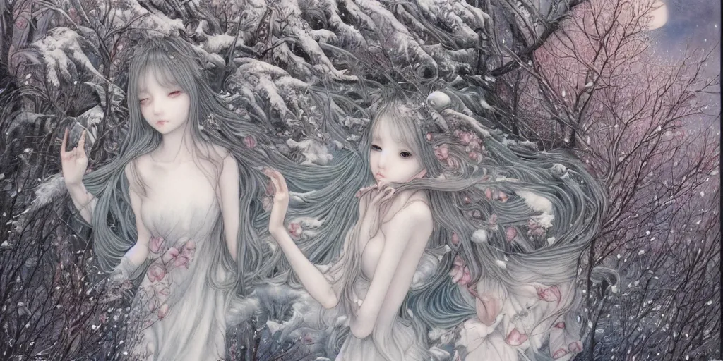 Image similar to breathtaking delicate detailed concept art winter creatures blend, by miho hirano, bizarre compositions, exquisite detail, pastel colors, 8 k