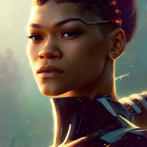 Image similar to cyborg zendaya profile picture by Greg Rutkowski, dynamic pose, intricate, futuristic, fantasy, elegant, by Stanley Artgerm Lau, greg rutkowski, thomas kindkade, alphonse mucha, loish, norman Rockwell,