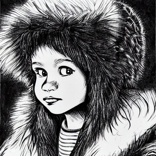 Prompt: a black and white ink drawing close up of the head of a ten year old girl in winter jacket and a fur hat, comic book character