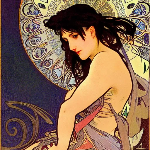 Prompt: tifa lockheart by alphonz mucha