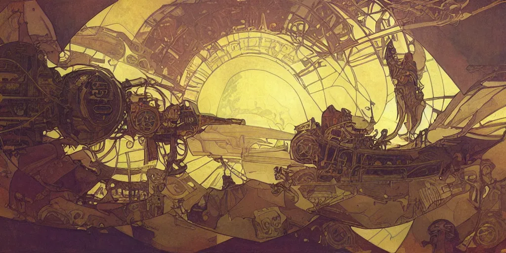 Image similar to a steampunk airship emerges over the horizon of an alien planet, artwork by alphonse mucha, dramatic lighting, long shadows, brushstrokes, paper texture.