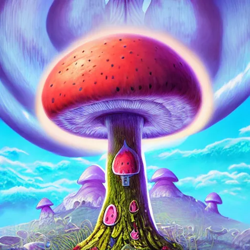 Image similar to 4 k headshot portrait of a psychedelic demonic anthropomorphic bunny rabbit with mushroom themed clothes, magic mushroom village in background by jeff easley, award winning, stylized neon, post - processing, masterpiece, superb resolution. in the art style of junji ito and greg rutkowski. detailed mushroom city in background. hyper realistic anime. perfect art. dalle 2