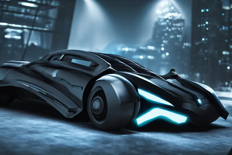 Image similar to cyberpunk batmobile concept inspired sports car, futuristic look, highly detailed body, very expensive, photorealistic camera shot, bright studio setting, studio lighting, crisp quality and light reflections, unreal engine 5 quality render