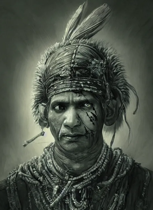Image similar to portrait, blind Indian shaman wearing giant rabbit skin, watercolor, dramatic lighting, cinematic, establishing shot, extremely high detail, foto realistic, cinematic lighting, pen and ink, intricate line drawings, by Yoshitaka Amano, Ruan Jia, Kentaro Miura, Artgerm, post processed, concept art, artstation, matte painting, style by eddie mendoza, raphael lacoste, alex ross