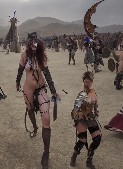 Image similar to hyper realistic photography of burningman pagan medieval festival warrior curvy partygirl cinematic, vallejo, julie bell, craig mullins greg rutkowski,