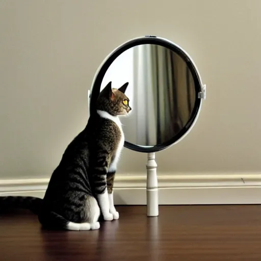 Prompt: a cat staring at its own reflection in a mirror