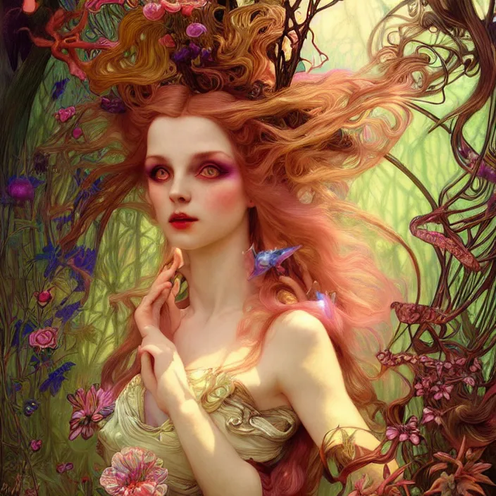 Image similar to psychedelic alice in wonderland , diffuse lighting, fantasy, intricate, elegant, highly detailed, lifelike, photorealistic, digital painting, artstation, illustration, concept art, smooth, sharp focus, art by John Collier and Albert Aublet and Krenz Cushart and Artem Demura and Alphonse Mucha