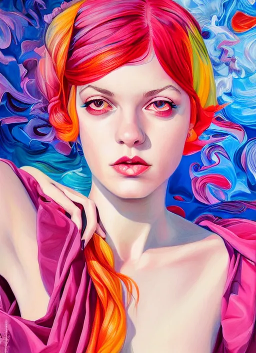 Prompt: painting of a gorgeous young woman in the style of Martine Johanna, draped in flowing fabric, colorful energetic brush strokes, realistic, sharp focus, 8k high definition, insanely detailed, intricate, elegant, art by Martine Johanna and artgerm