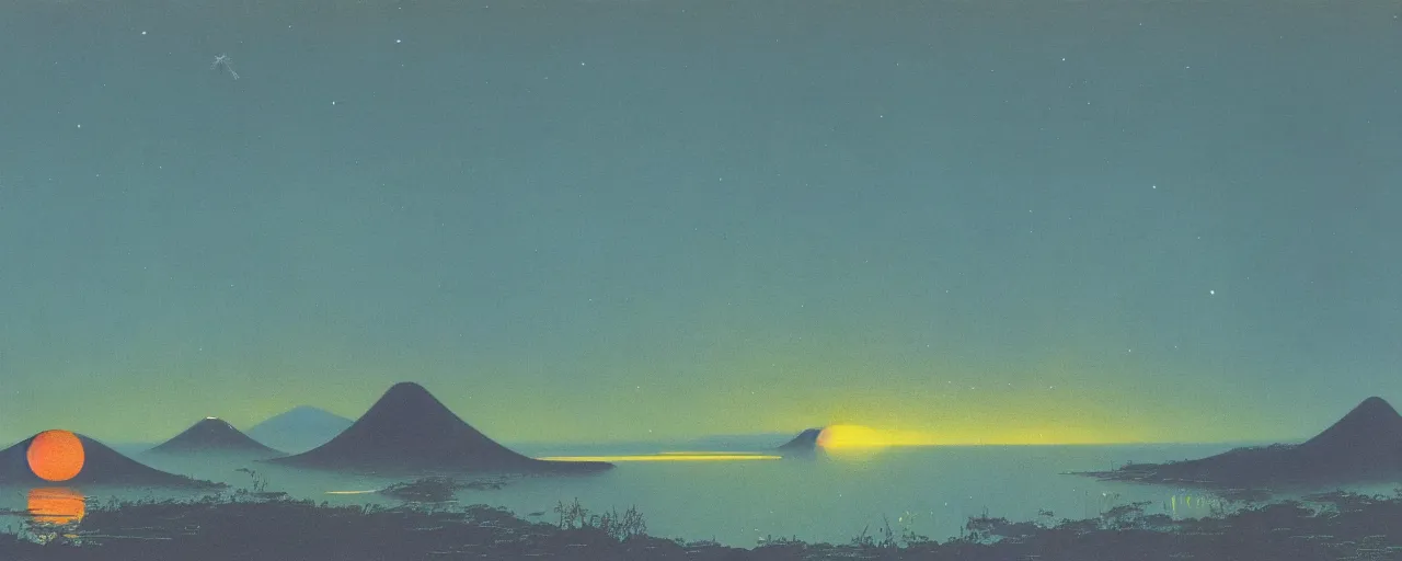 Image similar to awe inspiring bruce pennington landscape, digital art painting of 1 9 6 0 s, japan at night, 4 k, matte, minimalist
