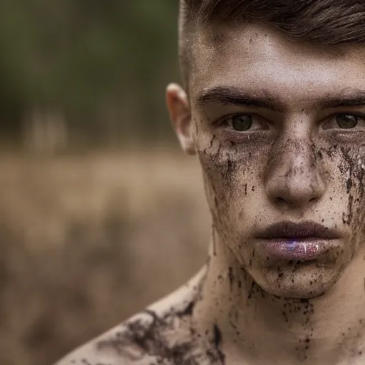 Prompt: detailed portrait of a teenage boy, around 1 9 yo. looking sad. shirtless, tattoo. muddy face. ominous and eerie looking forest i'm background.