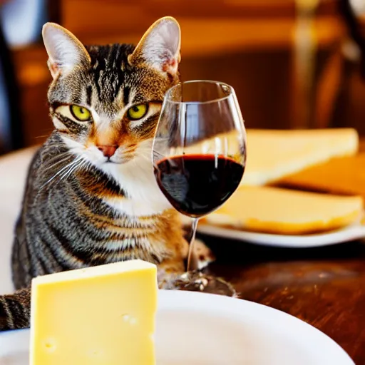 Prompt: Brown tabby cat eating cheese and wine in a Parisian cafe