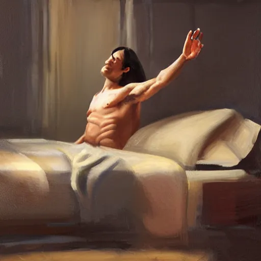 Image similar to oil painting of a slim man with long straight brown hair getting up from a bed with raised arms. evocative. artistic. volumetric lighting