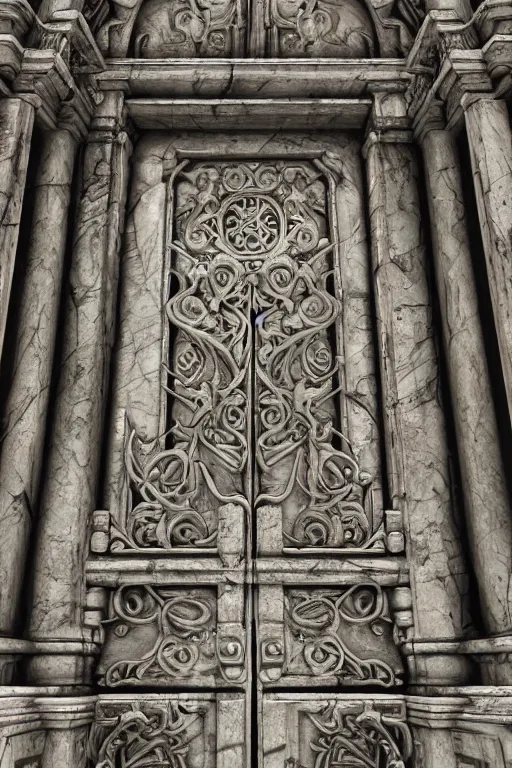 Image similar to ancient fantasy marble gate, neonpunk, mega structure, symmetric, intricate details, insanely detailed, insanely realistic, back lighting, 4 k, cinematic