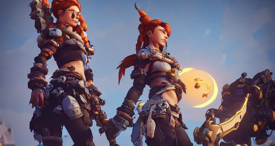 Image similar to one character, overwatch, brigitte, horizon zero dawn, aloy, digital art, high detailed, artstation, octane render