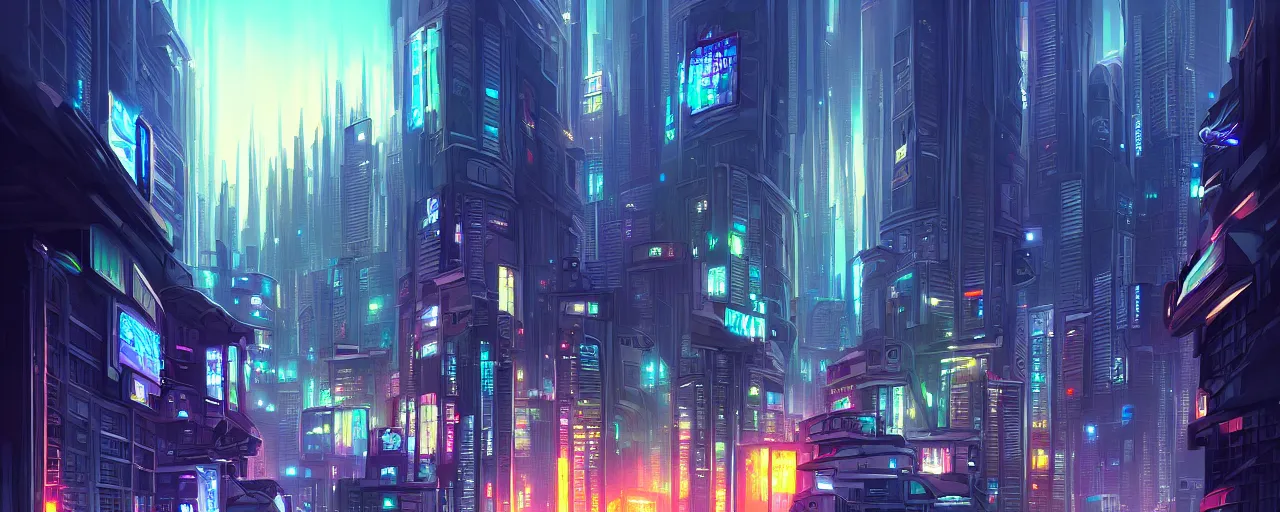 Prompt: A cyberpunk cityscape, by Cyril Rolando, landscape, dramatic lighting, high contrast colors, panoramic view, as trending on Artstation, highly detailed,