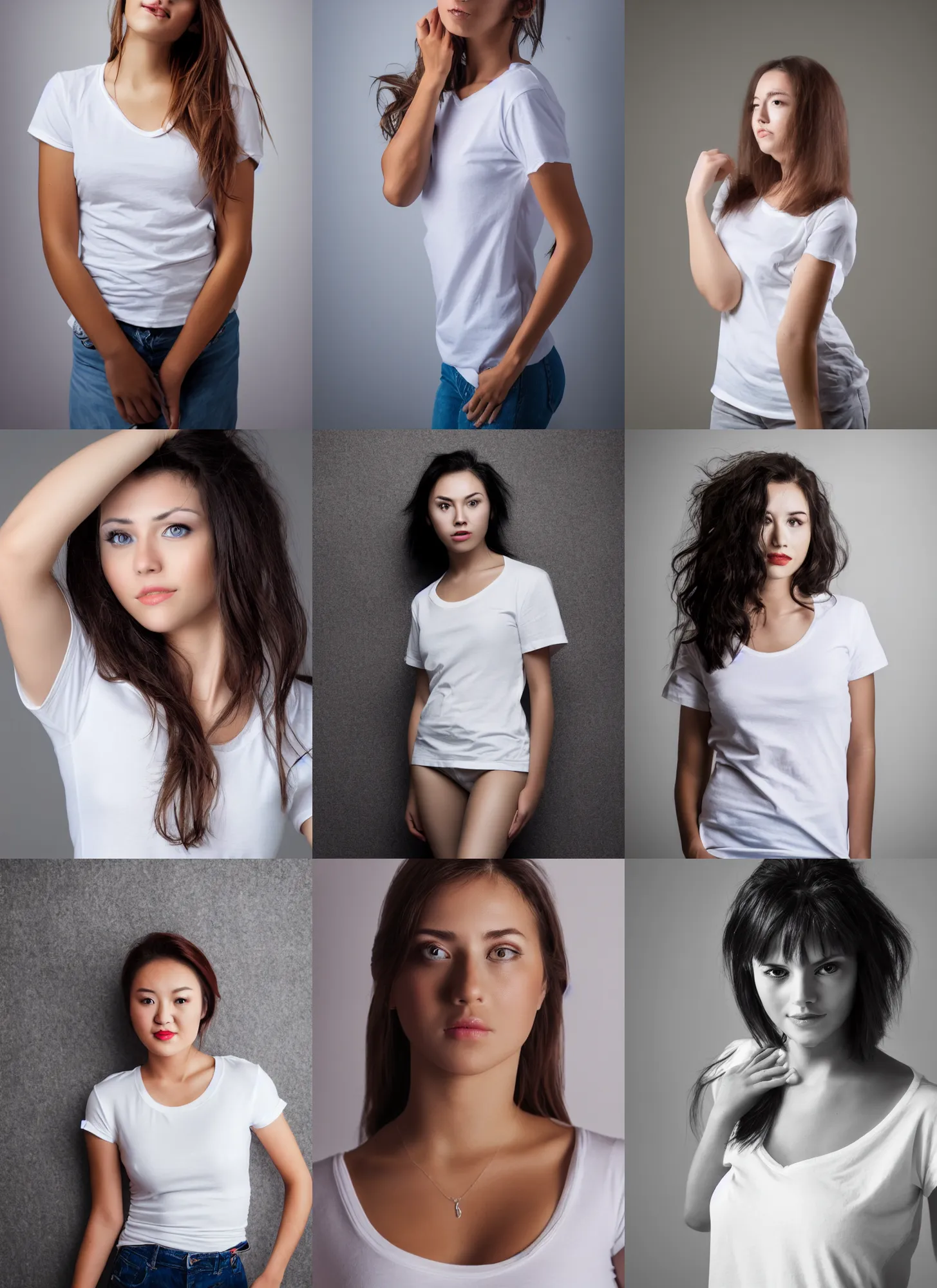 Prompt: beautiful woman wearing a white T-shirt, medium shot, photography, high quality, studio lighting, 4k,