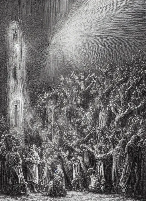 Prompt: A church burning down with angels pouring water down onto the church, painted by Gustave Dore