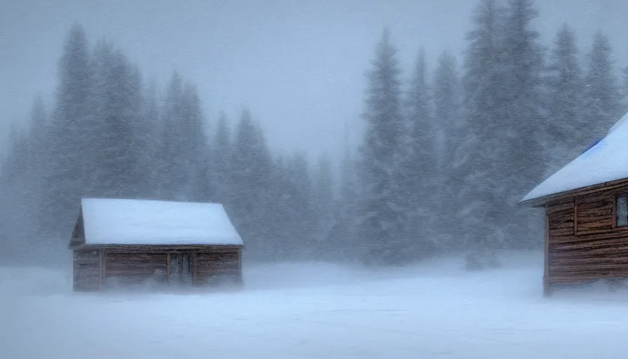 Image similar to A Snowplow!! clearing a beautiful snowy landscape with a small hut in the background. A blizzard and heavy snow falls. Fog and mist, highly detailed, concept art, digital art, 4k, high snow