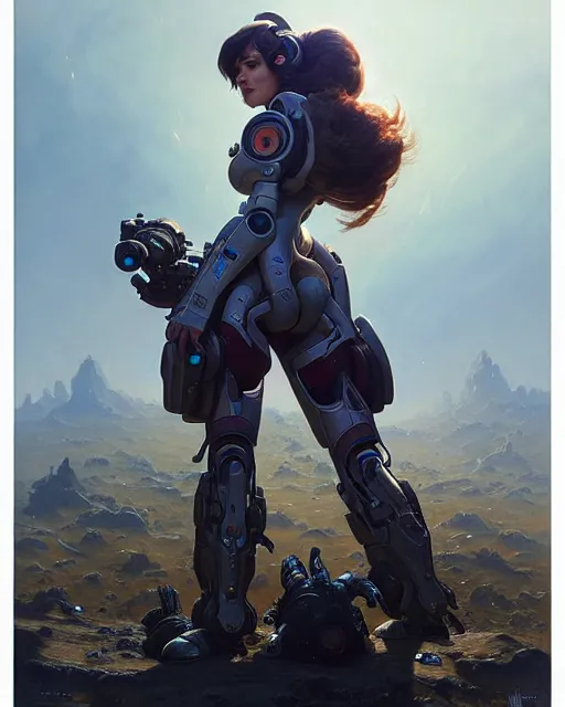 Image similar to d. va from overwatch, character portrait, concept art, intricate details, highly detailed by greg rutkowski, michael whelan and gustave dore
