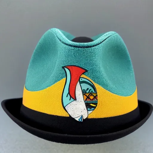 Prompt: dolphin design on a fedora in the style of mexican folk art