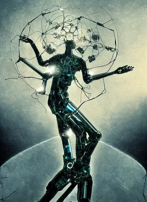 Image similar to a spiritually awakened cyborg wants to help humans free themselves from the chains of mental slavery and authoritarian politicians, surreal technological conceptual art magical cybernetic realism horror visions distopic and utopic art and the same time