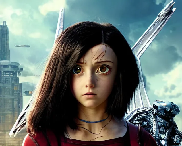 Prompt: a beautiful film still from battle angel alita played by actress millie bobby brown, futuristic, cinematic lighting, photorealistic, lifelike, highly detailed, photorealistic, high resolution