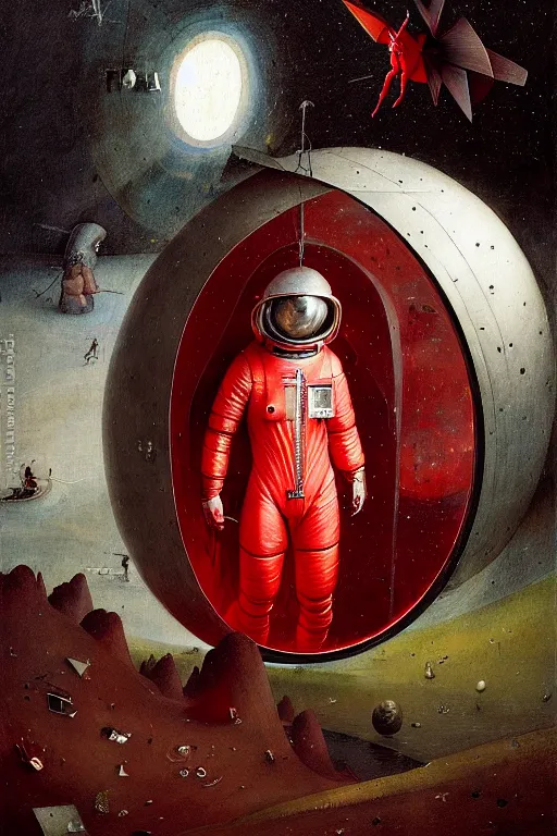 Image similar to hieronymus bosch, greg rutkowski, anna podedworna, painting of a red spacesuit with a large backpack and a large mirrored visor, crawling out of a vent in a space ship