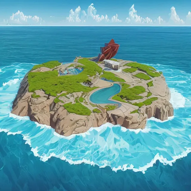 Prompt: a remote island research station in the middle of the ocean, rhads!!!, magical realism, archipelago!, urban fantasy, saturday morning cartoon, clean linework, ( alexander archipenko ), western animation