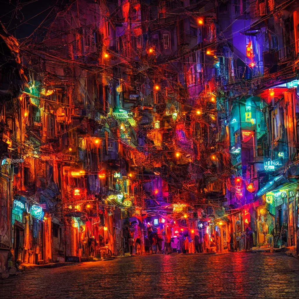 Prompt: a highly detailed photograph neon night streets of istanbul