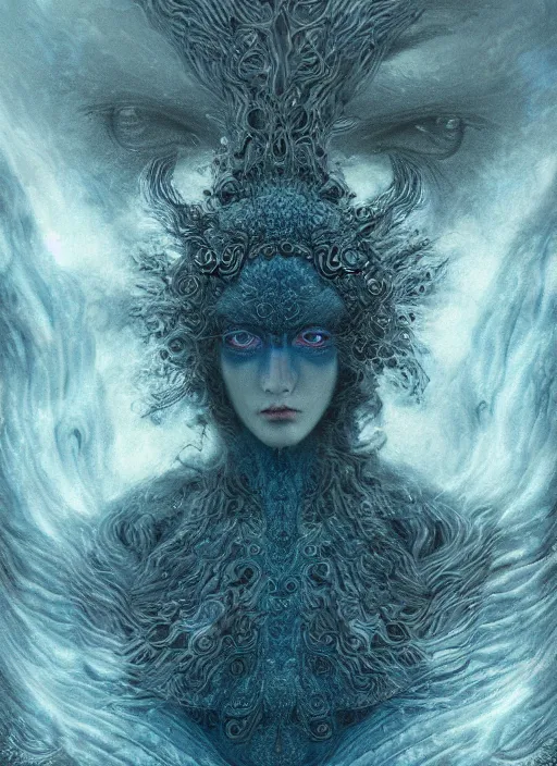 Image similar to Her huge ominous glowing blue eyes staring into my soul , perfect eyes, realistic face, intricate stunning highly detailed, agostino arrivabene, WLOP, twisted dark lucid dream, 8k portrait render, raven wings, swirling thick smoke , beautiful lighting, dark fantasy art, cgsociety