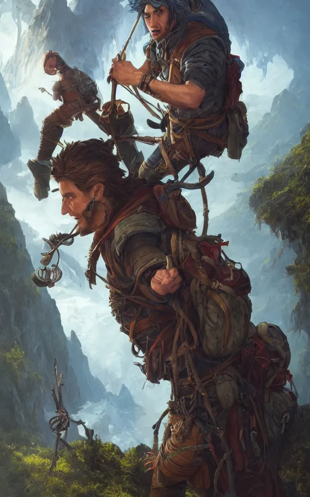 Image similar to an oil art close - up portrait painting of young handsome fool adventurer with adventurer hiking backpack, grim gwent card, gipsy mage adventurer character design from inquisition, climbing up a cliffside, 4 k, ultra detail, volumetric lighting, unreal engine, octane render, by tom bagshaw, andreas rocha, karol bak, artgerm