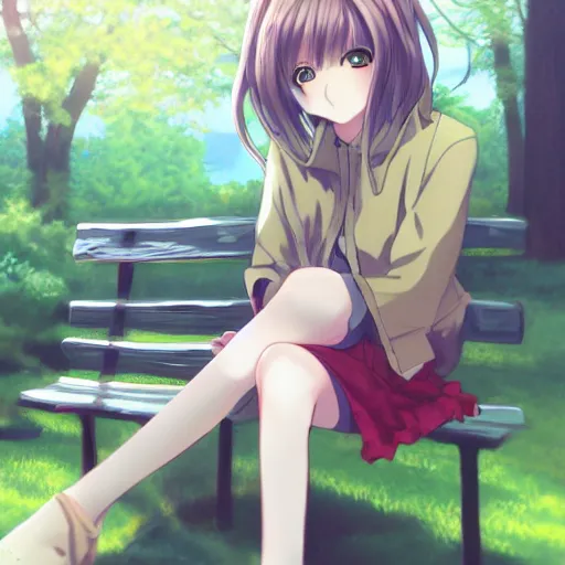 Image similar to an anime girl sitting on a bench at a park, trending on pixiv, detailed, anime, pastel colors, dramatic lighting, by kawacy