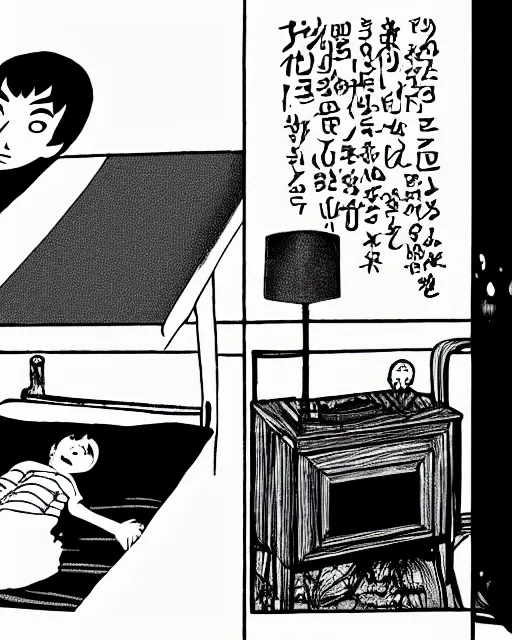 Prompt: three panels of junji ito's 'there's a large, black, shadowy cat under the bed', full width, zoomed out, room shot, first person